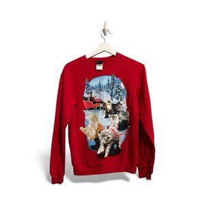 Santa & Kitty Cat Christmas Sweatshirt With Attached Jingle Bells size Medium